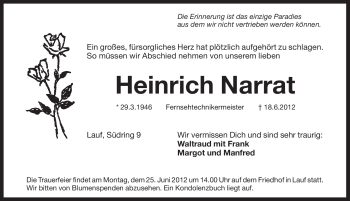 Traueranzeige von Heinrich Narrat von Pegnitz-Zeitung